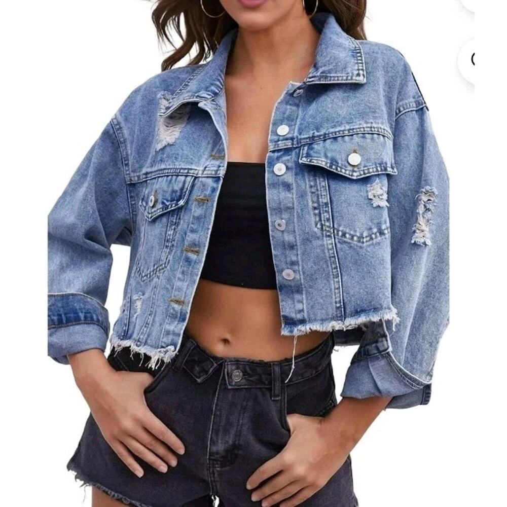 Mustard Seed Women's Jean Jacket Denim,‎ Size M Blue Baggy Crop Distressed